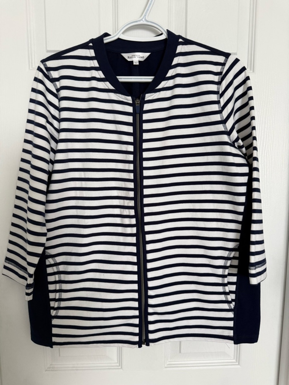 Northern Reflections Navy and White Striped Zip Bomber Jacket Size L